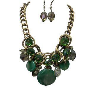 Vintage Multi Green Glass Bead Brass link Chunky Necklace Earring set